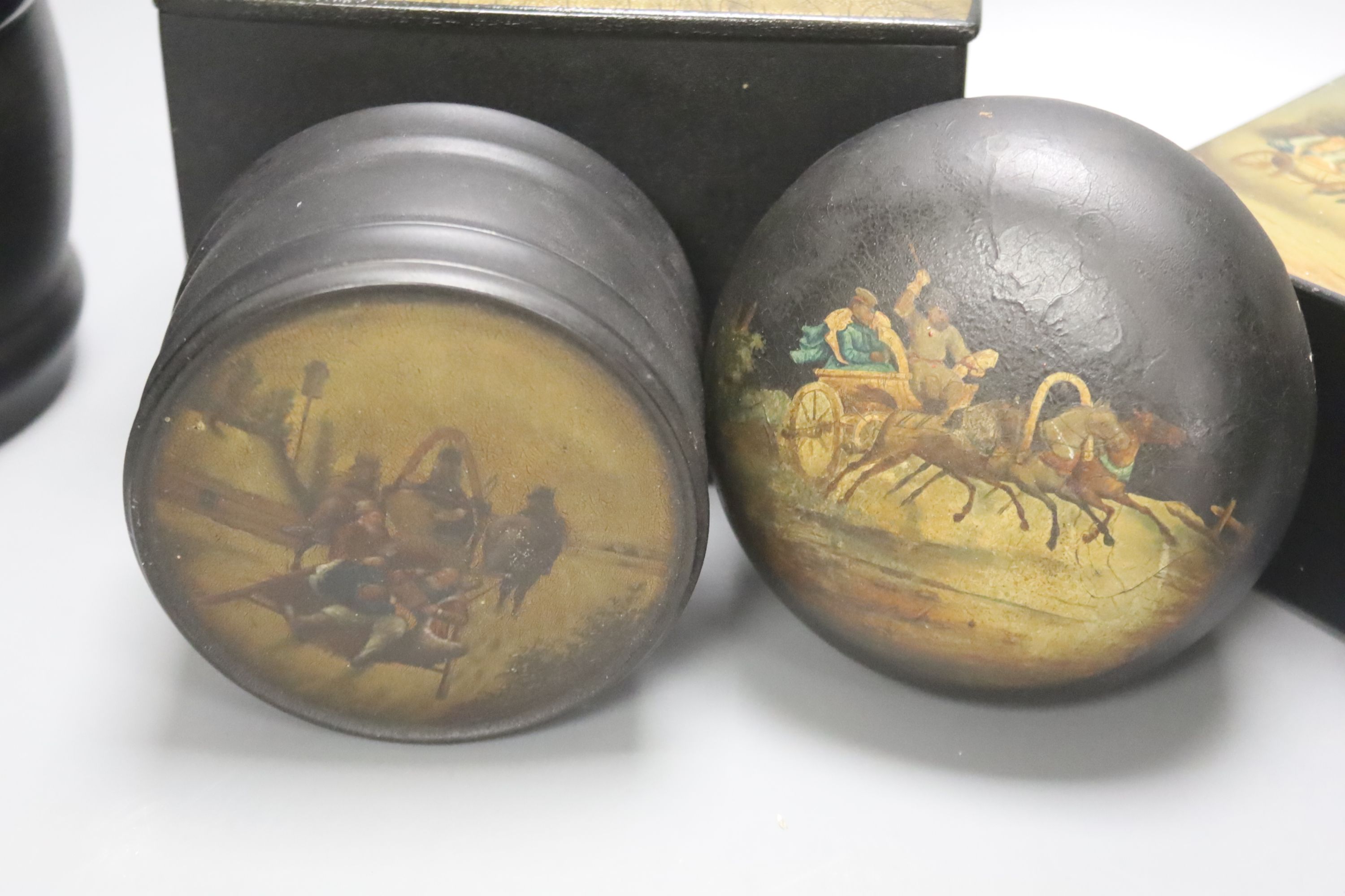 Five Russian painted papier mache boxes, 19th century and later, largest 15 x 10cm 10cm high